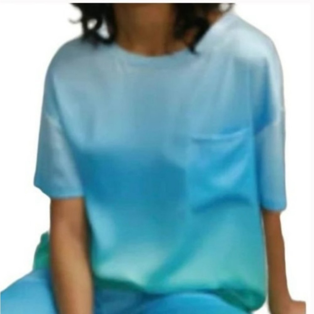 Badgley Mischka Mulberry Silk Ombré Pocket Blouse in Blue/Aqua 🆕